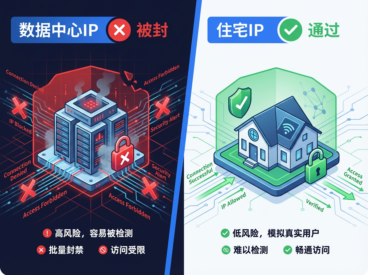 数据中心 IP vs 住宅 IP 核心差异对比